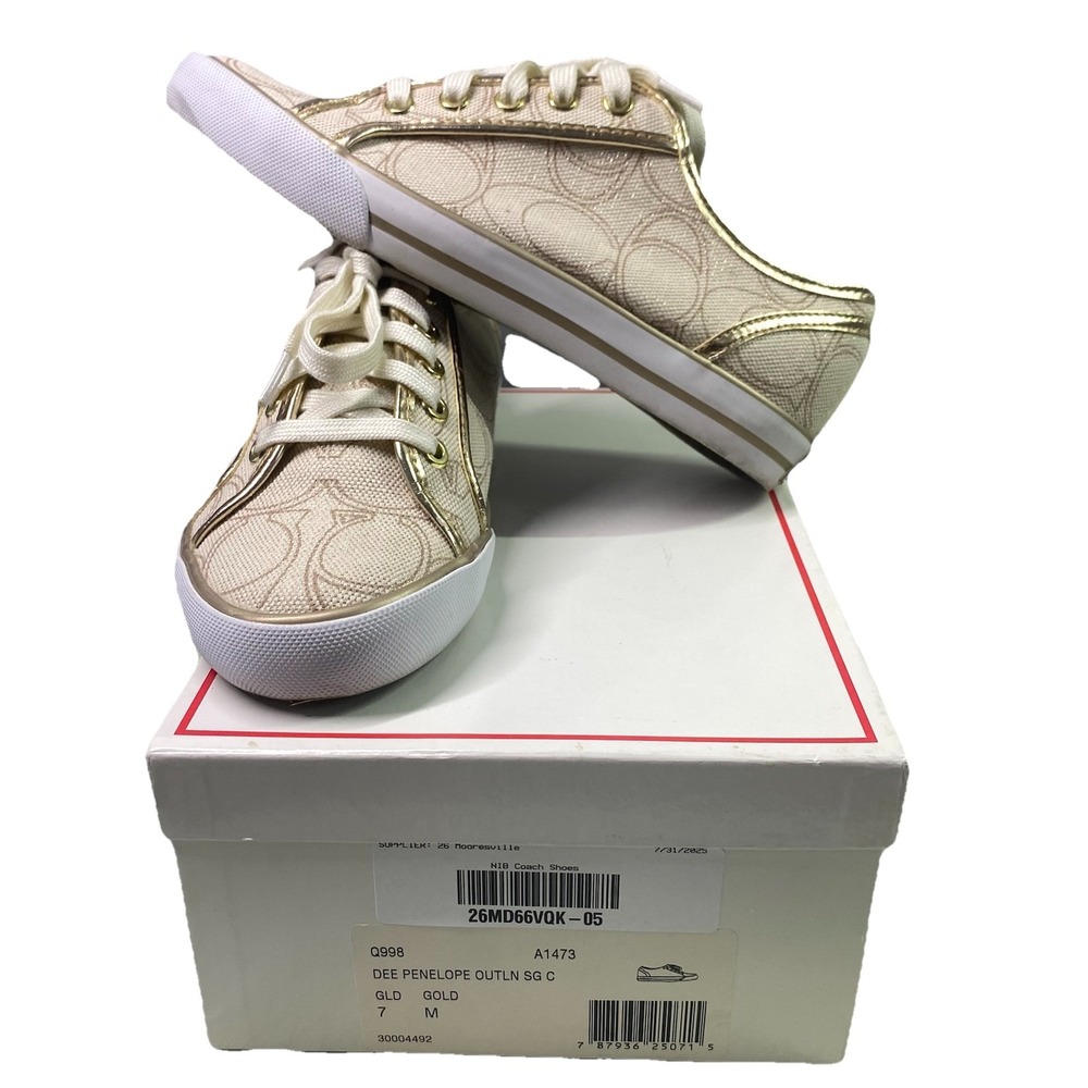 COACH💥NWB💥 Womens Dee Penelope Signature C Gold Lace Up Sneakers‎ Size 7M - Picture 2 of 11